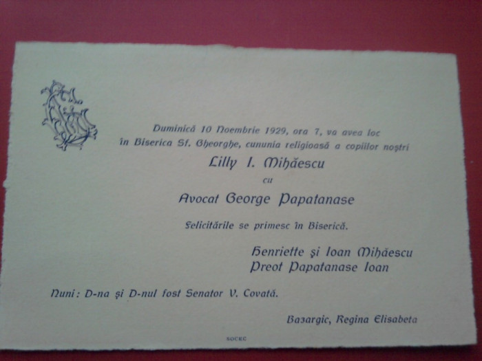 Invitatie nunta avocat George Papatanase. Oras Bazargic editata de Socec