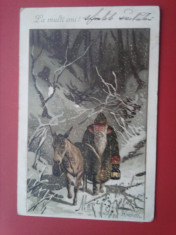 Carte postala ilustrator Alfred Mailick: Peisaj de iarna, Batran si magarus 1902 foto