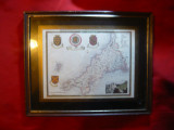 Harta Comitatului Cornewall ,cu insula Scilly - cu emblemele sale -inramata