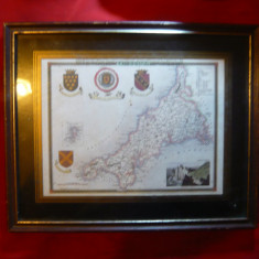 Harta Comitatului Cornewall ,cu insula Scilly - cu emblemele sale -inramata