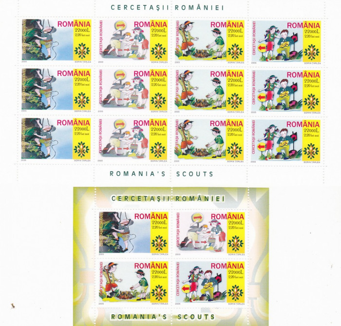 CERCETASII ROMANIEI,COALA DE 12 TIMBRE+BLOC DE 4,2005,MNH,ROMANIA.