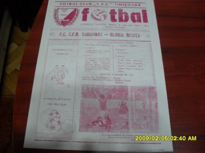 program CFR Timisoara - Gloria Resita