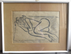 VASILE GRIGORE NUD CARBUNE/HARIE 30x43,5CM CARBUNE PE HARTIE SEMNAT DATAT 1970 foto