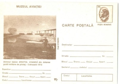 CP Z1241 -AVIONUL BIPLAN BRISTOL COANDA -COTROCENI 1912 -AVIATIE-NECIRCULATA foto