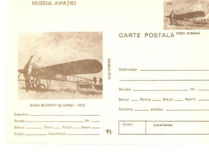 CP Z1240 -AVION BLERIOT TIP MILITAR -1913 -AVIATIE-NECIRCULATA