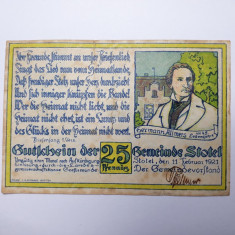 25 Pfenig 1921 Germania, notgeld Stotel bancnota varianta /Hermann Almers in 45