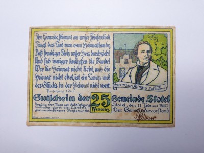 25 Pfenig 1921 Germania, notgeld Stotel bancnota varianta /Hermann Almers in 45 foto