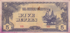 OCUPATIA JAPONEZA IN BURMA 5 rupees 1942 VF!!! foto