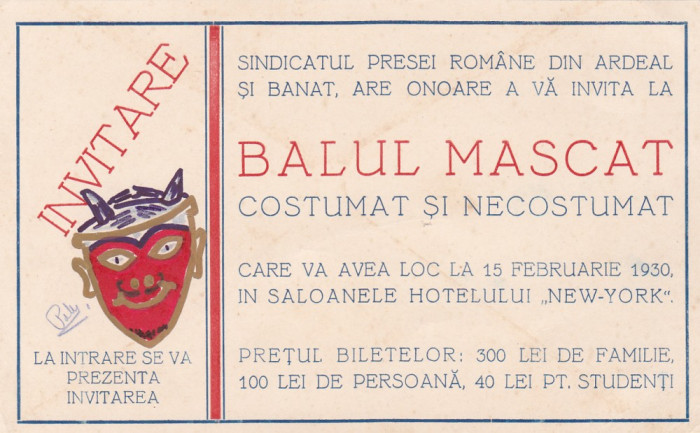 INVITATIE BALUL MASCAT,CLUJ,HOTEL NEW-YORK, 1930,ROMANIA.