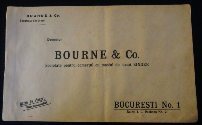 Plic Bourne &amp; Co./societate pentru comertul cu masini de cusut Singer, Bucuresti