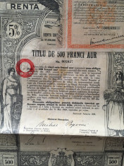 500 Franci Aur Titlu de Stat obligatiune la purtator Renta Romana 1929 foto