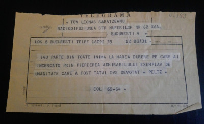Telegrama trimisa lui Leon Sarateanu cu ocazia mortii tatalui sau foto