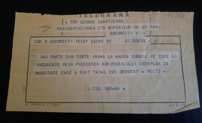Telegrama trimisa lui Leon Sarateanu cu ocazia mortii tatalui sau