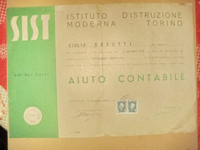 Act vechi Italia Diploma stenografie ajutor contabil 1944. foto