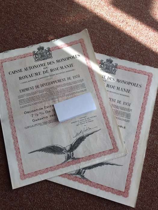 Obligatiune la purtator - Titlu de stat 1000 Franci Aur Romania 1931 cu cupoane foto mare Obligatiune la purtator - Titlu de stat 1000 Franci Aur Romania 1931 cu cupoane foto mare