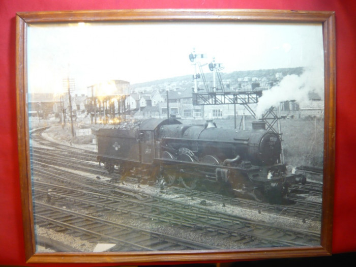 Fotografie veche , inramata- Locomotiva cu aburi , dim. 34,8x27 cm ,Blenheim