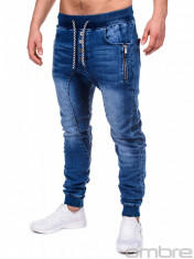 Blugi pentru barbati, albastri cu siret, elastici, slim fit, banda jos - P198 foto