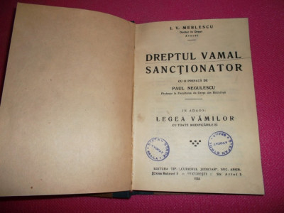 Dreptul vamal sanctionator/Merlescu/1924 foto