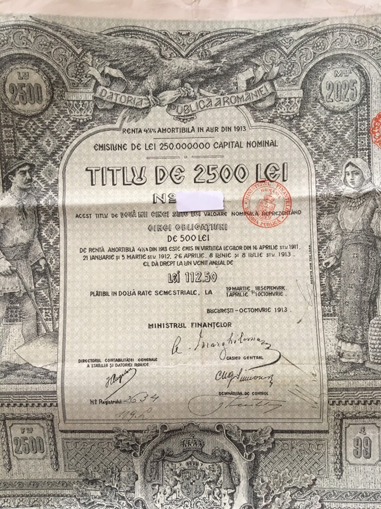 2500 Lei Aur Titlu De Stat Obligatiune Cu Cupoane Neincasate Romania 1913 Okazii Ro