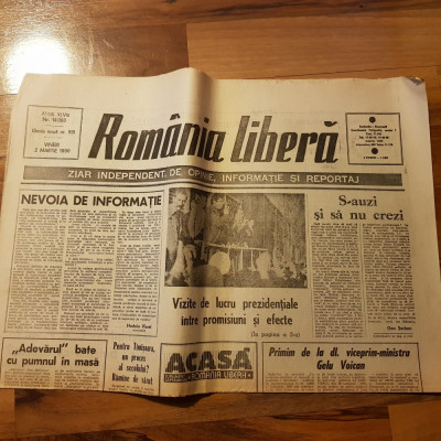 ziarul romania libera 2 martie 1990-vizite de lucru prezidentiale foto