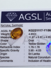 Safir 4.85 ct natural galben auriu cu certificat foto