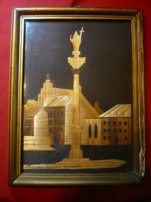 Tablou lucrat cu pai- Warsovia - Columna Sigismunda , dim.= 19,3x14 cm foto