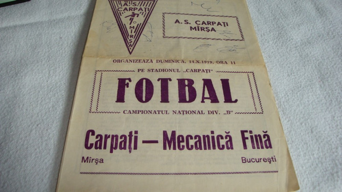 Program meci fotbal Divizia B - Carpati Marsa - Mecanica Fina Bucuresti - 1979
