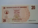 Zimbabwe 20 Dollars 2007 UNC Bancnota Straine Africa