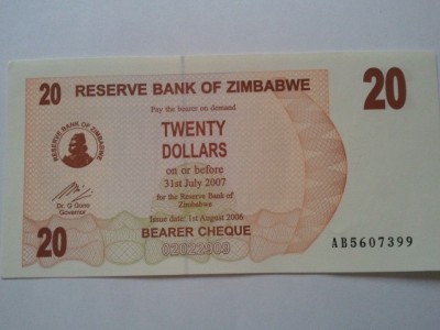 Zimbabwe 20 dollars 2007, UNC foto