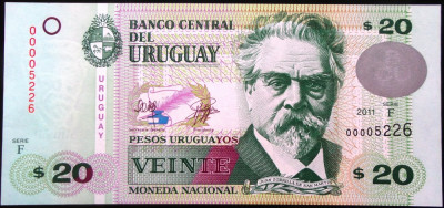 Bancnota 20 PESOS URUGUAYANOS - URUGUAY, anul 2011 *cod 617 A = UNC SERIE MICA! foto