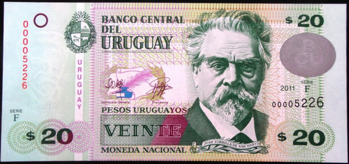Bancnota 20 PESOS URUGUAYANOS - URUGUAY, anul 2011 *cod 617 A = UNC SERIE MICA!