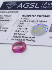 Safir roz 4.20ct natural Sri Lanka cu certificat foto