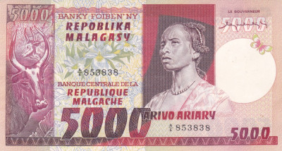 Bancnota Madagascar 5.000 Franci=1.000 Ariary (1974) - P66 UNC foto