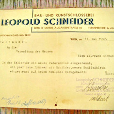 Act vechi-Rechnung Leopold Schneider SchlosserMeister Wien 1947.