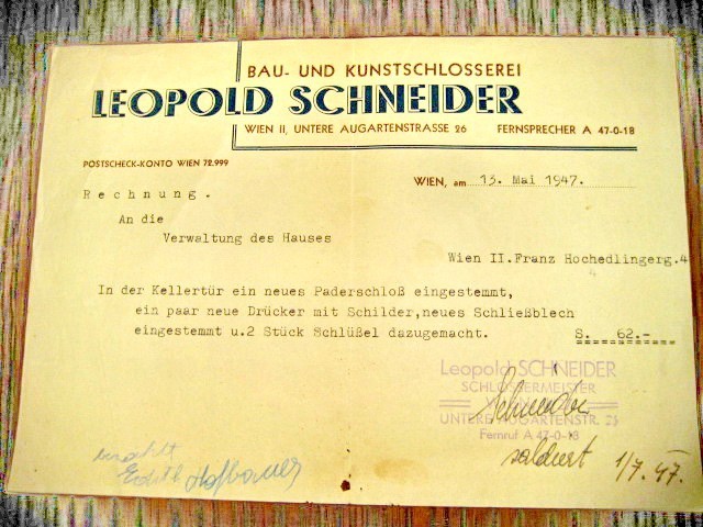 Act vechi-Rechnung Leopold Schneider SchlosserMeister Wien 1947.