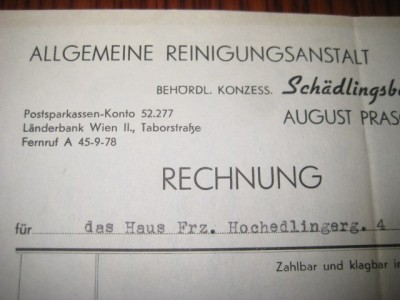 Act vechi-Rechnung August Prasch-1947 Wien. Combatere daunatorilor-Dezinsectia. foto