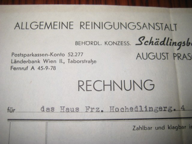 Act vechi-Rechnung August Prasch-1947 Wien. Combatere daunatorilor-Dezinsectia.