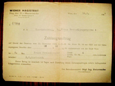 Wiener Magistrat WasserWerke Zahlungsauftrag 1947-20_15 cm. foto
