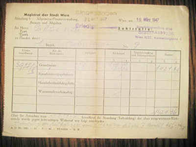 Magistrat der Stadt Wien Eingegangen-1947 Erledigt-20_15 cm. foto