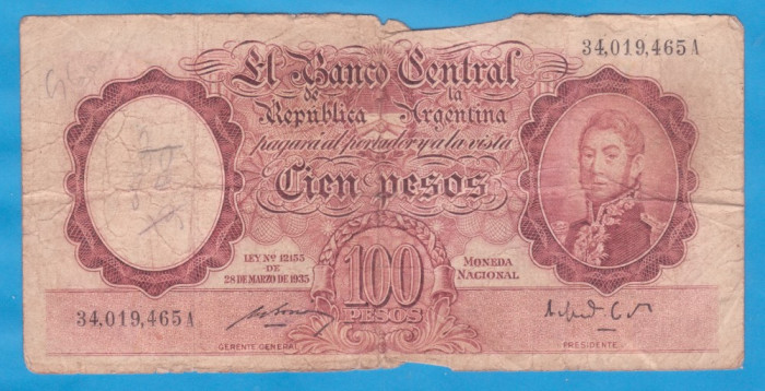 (1) BANCNOTA ARGENTINA - 100 PESOS 1935 (28 MARTIE) - MAI RARA