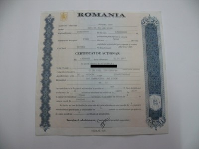 Certificat de actionar din anul 1997 foto