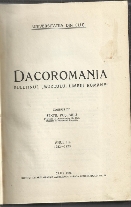 DACOROMANIA - Buletinul Muzeului Limbii Romane, an III, 1922-1923 (Univ.din Cluj