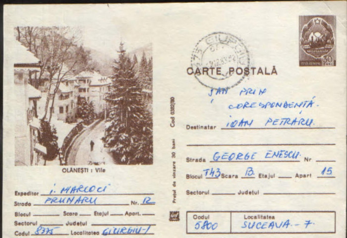 Intreg postal CP 1980, circulat - Statiunea Olanesti - Vile