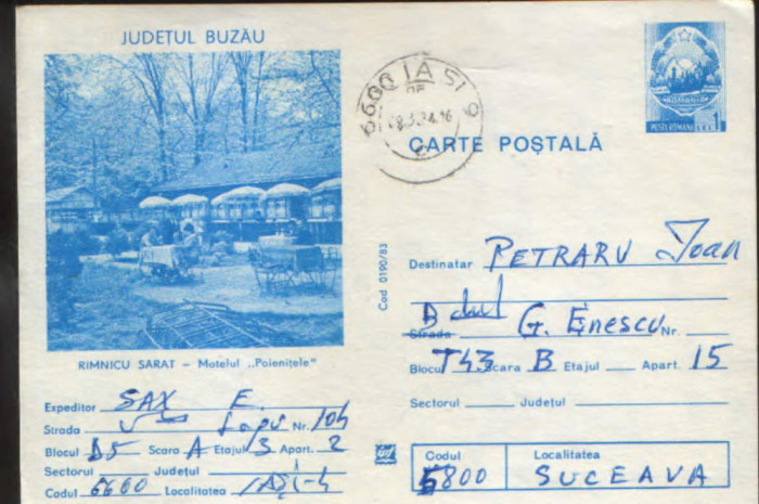 Intreg postal CP 1983,circulat - R&icirc;mnicu Sarat - Motelul &quot;Poienitele&quot;