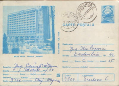 Intreg postal CP 1982,circulat - Baile Felix - Hotelul &amp;quot;Termal&amp;quot; foto