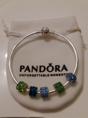 Bratara PANDORA FIXA placata argint 925 + 5 charm swarovski cadou AQUAMARINE foto