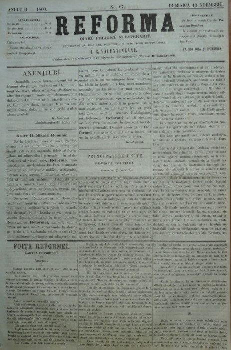 Reforma , ziar politicu , juditiaru si litteraru , an 2 , nr. 67 , 1860