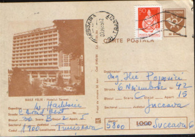 Intreg postal CP,1984 circulat - Baile Felix - Hotelul &amp;quot;Termal&amp;quot; foto