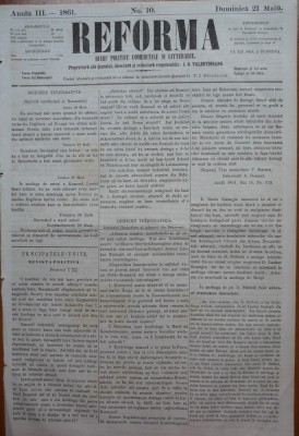 Reforma , ziar politic , comercial si literar , an 3 , nr. 10 , 1861 foto