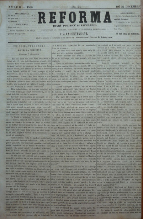 Reforma , ziar politicu , juditiaru si litteraru , an 2 , nr. 74 , 1860